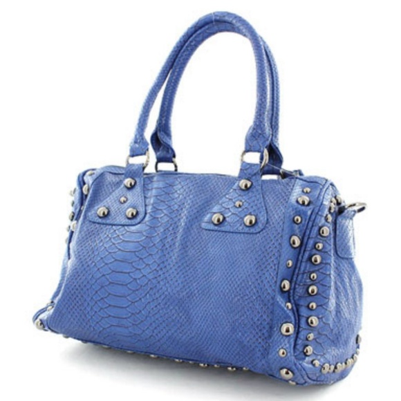 Galian Fringe Studded Python Print Blue Handbag - Picture 3 of 8